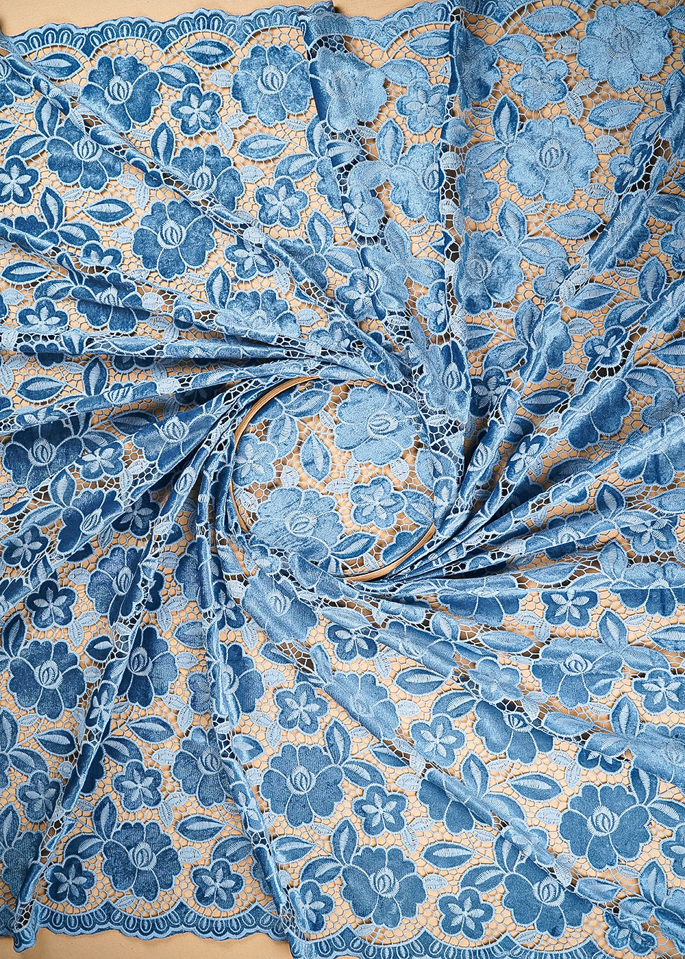 Blue Velvet Fabric With All Over Thread Cutwork 20230
