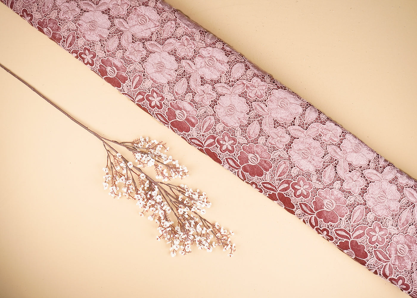 Coral Pink Velvet Fabric With All Over Thread Cutwork 20232