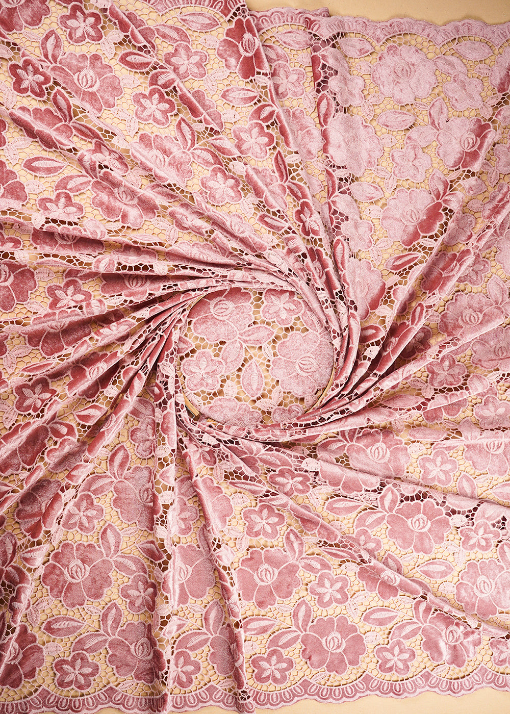 Coral Pink Velvet Fabric With All Over Thread Cutwork 20232