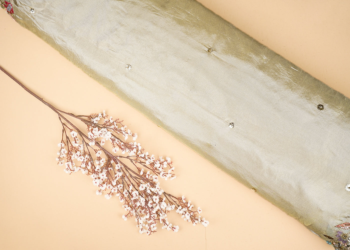 Light Golden Tissue Fabric With All Over Bead, Sequins, Thread And Zari With Two Side Border 20251