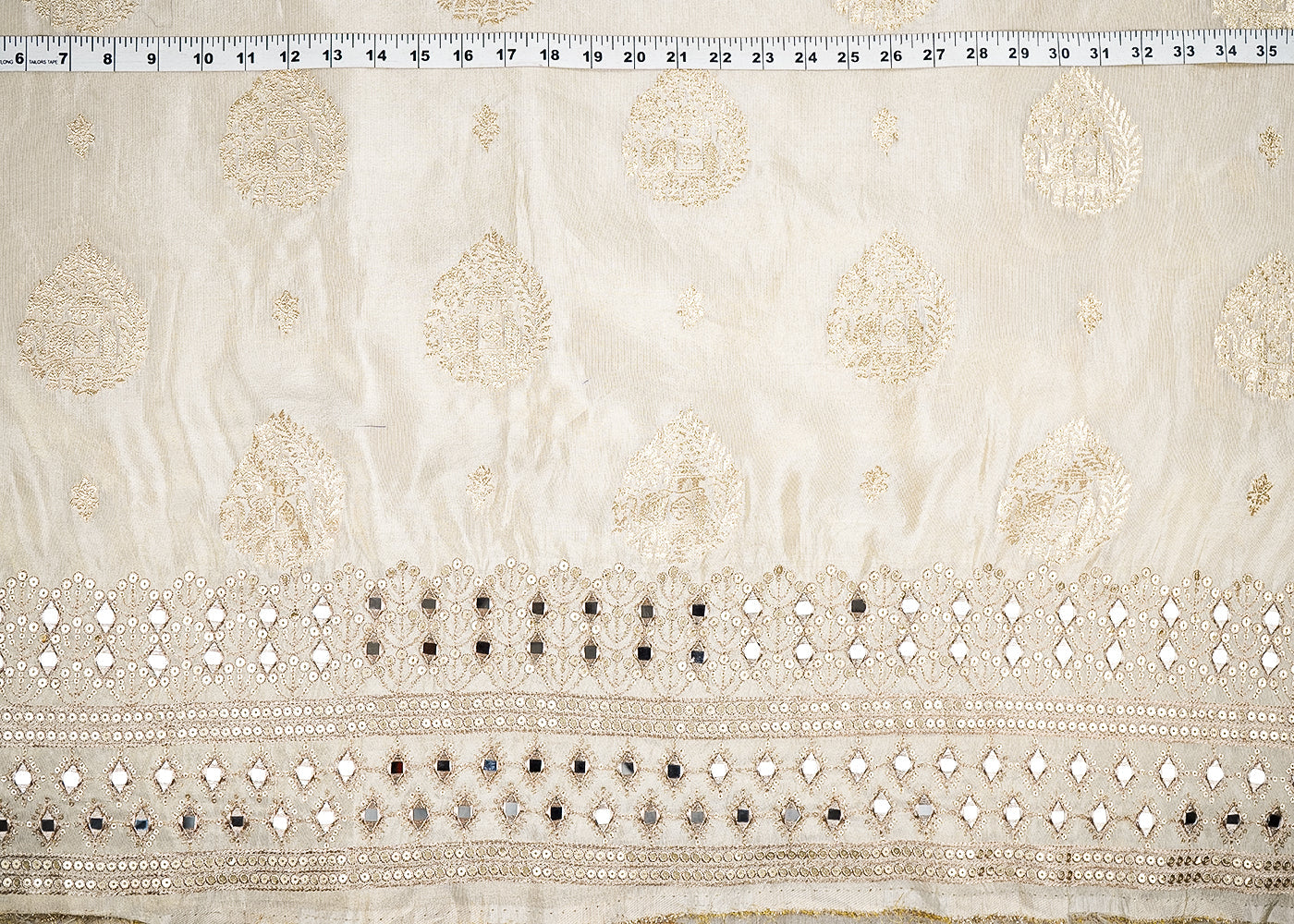 Golden Tissue Fabric With All Over Zari Handloom And One Side Border Of Zari, Mirror And Sequins Work 20254