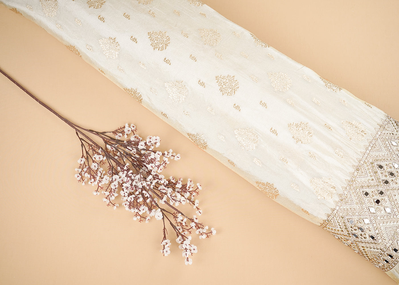 Golden Tissue Fabric With All Over Zari Handloom And One Side Border Of Zari, Mirror And Sequins Work 20255