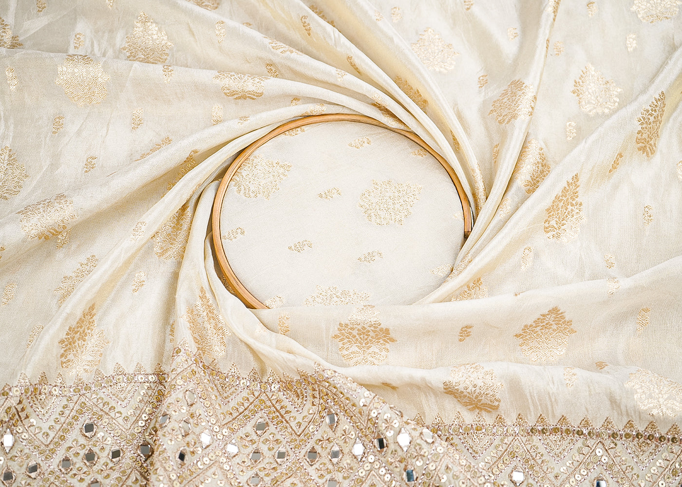 Golden Tissue Fabric With All Over Zari Handloom And One Side Border Of Zari, Mirror And Sequins Work 20255