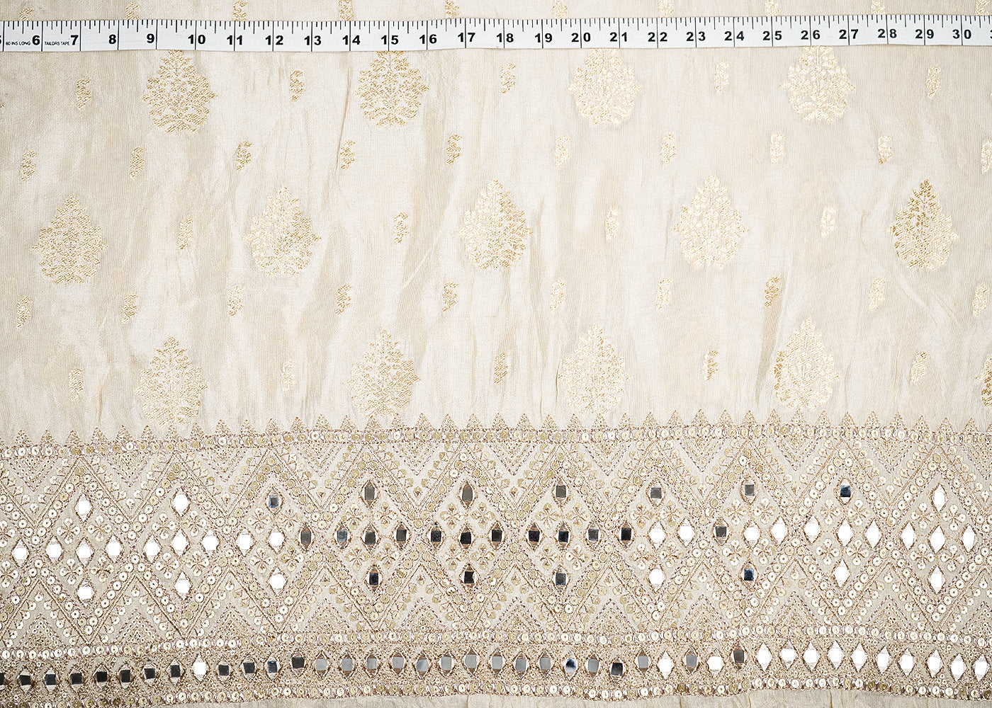 Golden Tissue Fabric With All Over Zari Handloom And One Side Border Of Zari, Mirror And Sequins Work 20255