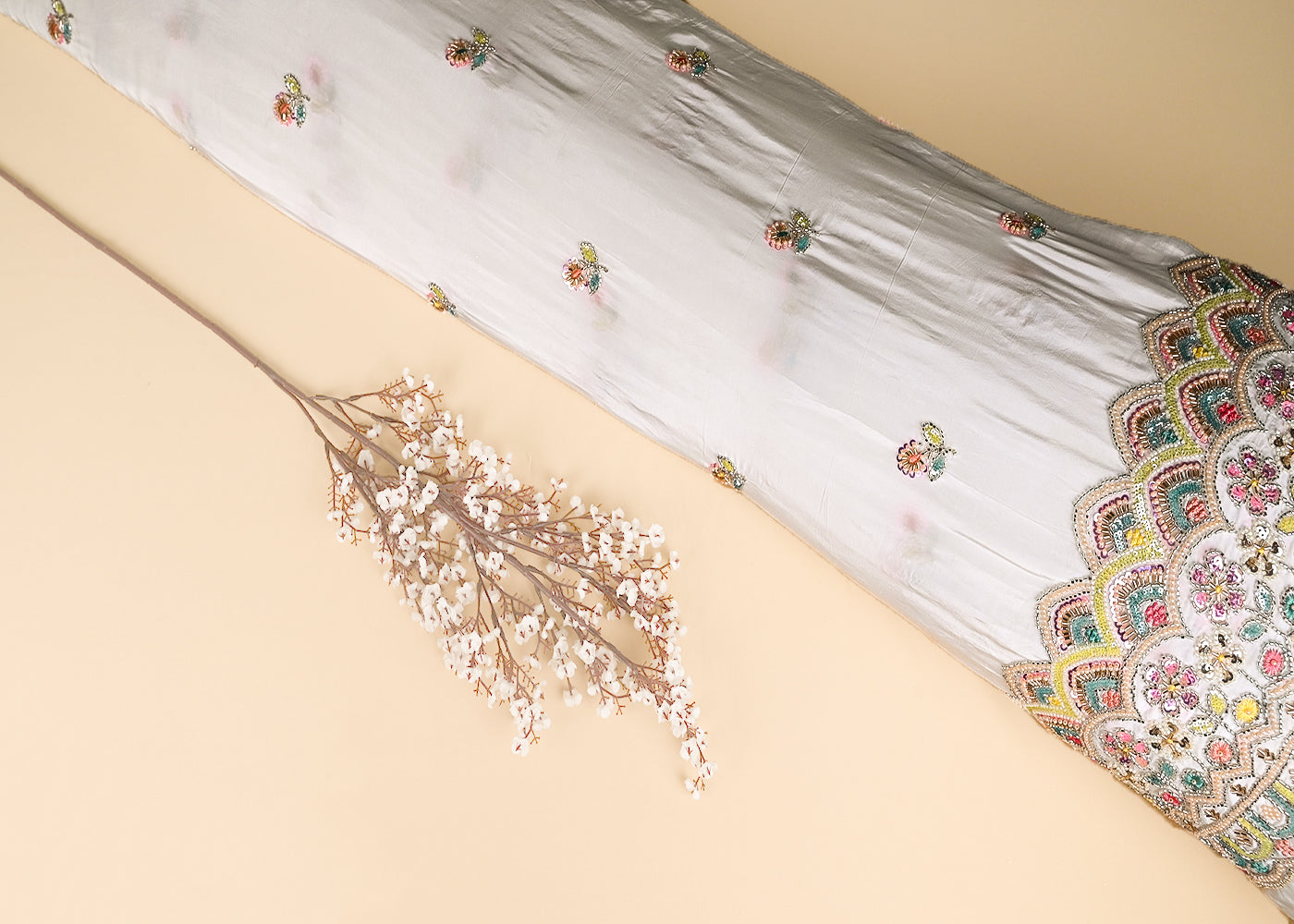 White Crepe Fabric With All Over Katdana, Zari, Bead, Thread And Sequins Work With One Side Border 20258