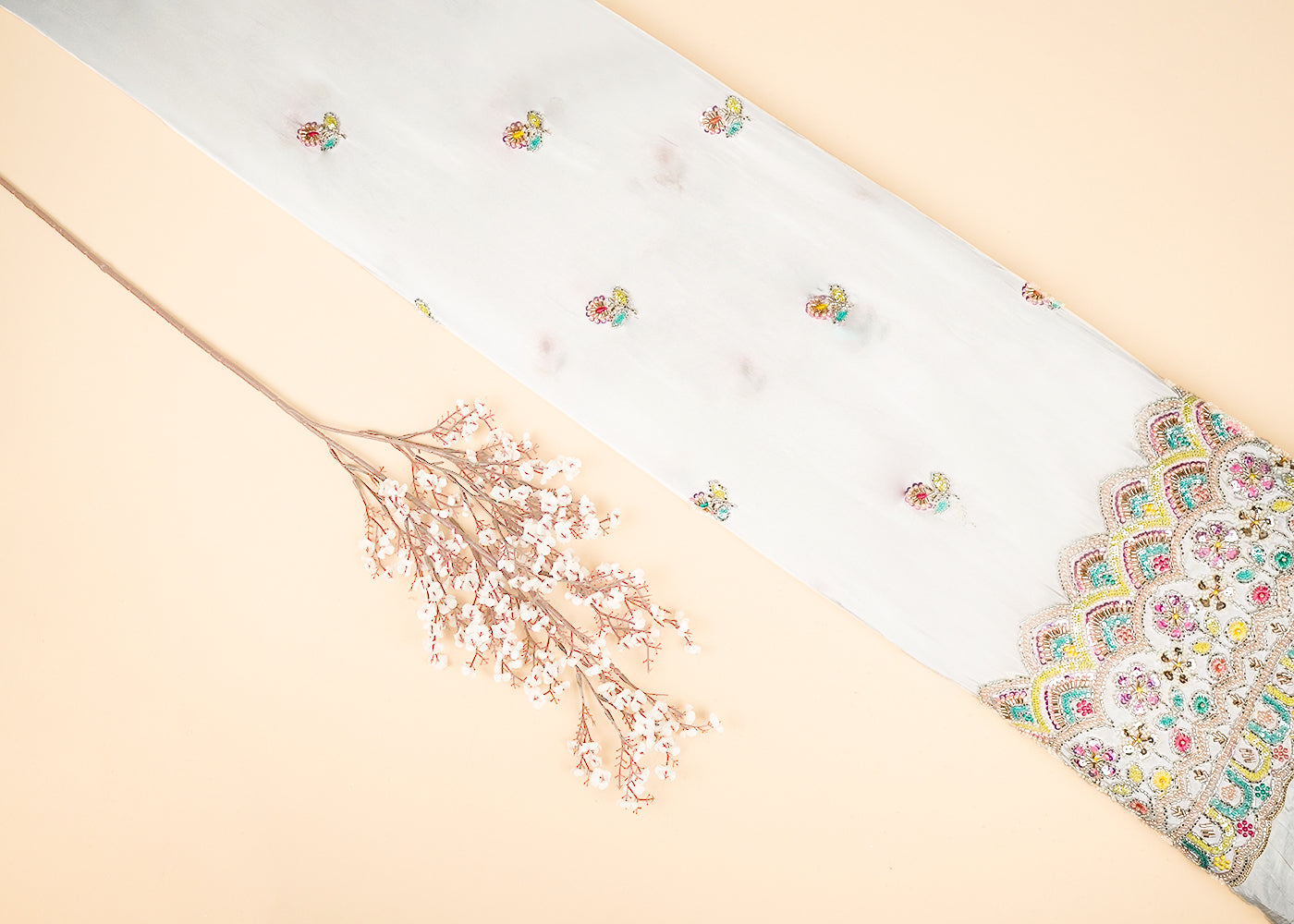 White Dyeable Crepe Fabric With All Over Katdana, Zari, Bead, Thread And Sequins Work With One Side Border 20258