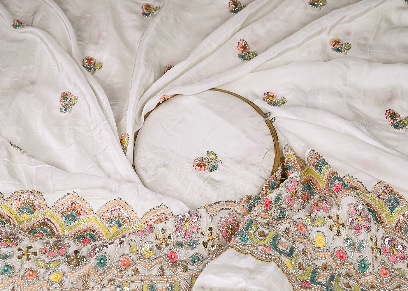 White Crepe Fabric With All Over Katdana, Zari, Bead, Thread And Sequins Work With One Side Border 20258