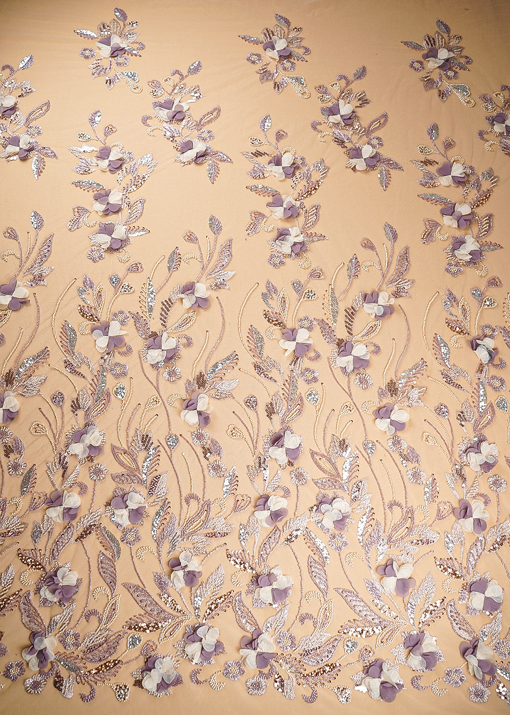 Chiku Imported Net Fabric With All Over Bead, Sequins And 3D Flowers With One Side Heavy Border 20264