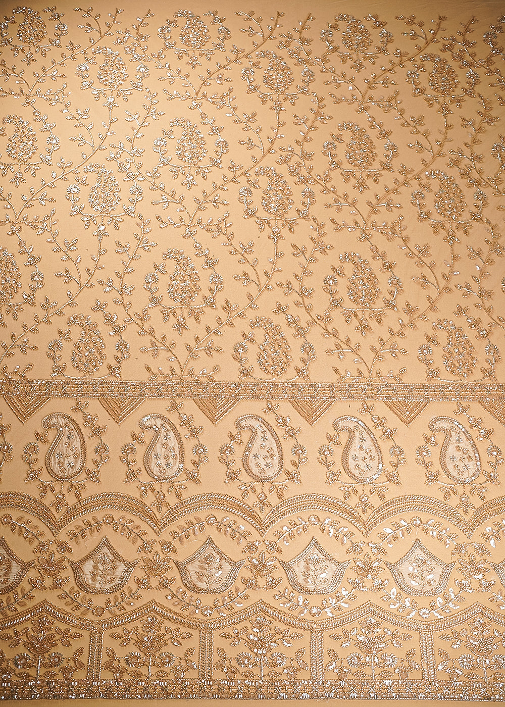 Gold Imported Net Fabric With All Over Sequins, Katdana And Bead With One Side Patch Work Border 20266