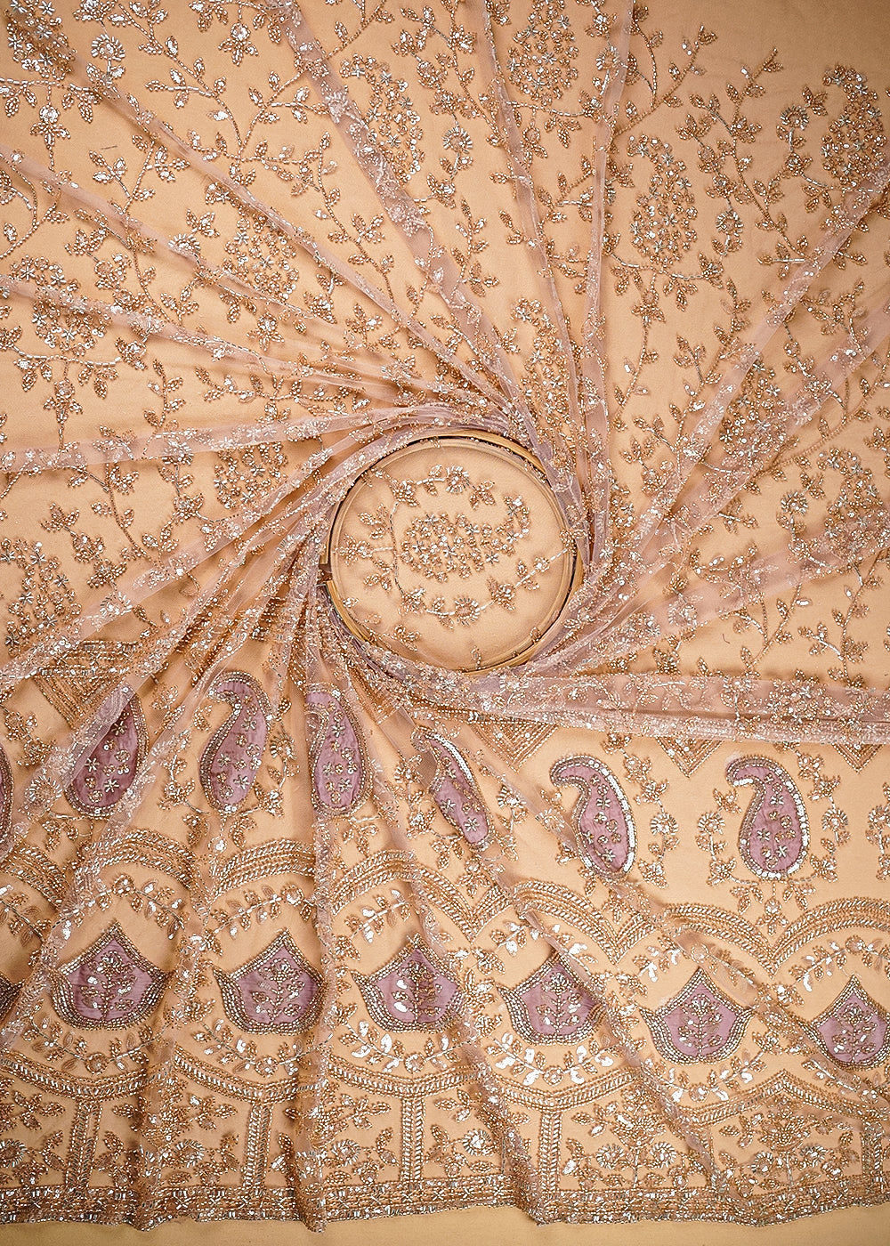 Light Pink Imported Net Fabric With All Over Sequins, Katdana And Bead Work With One Side Patch Work Border 20267