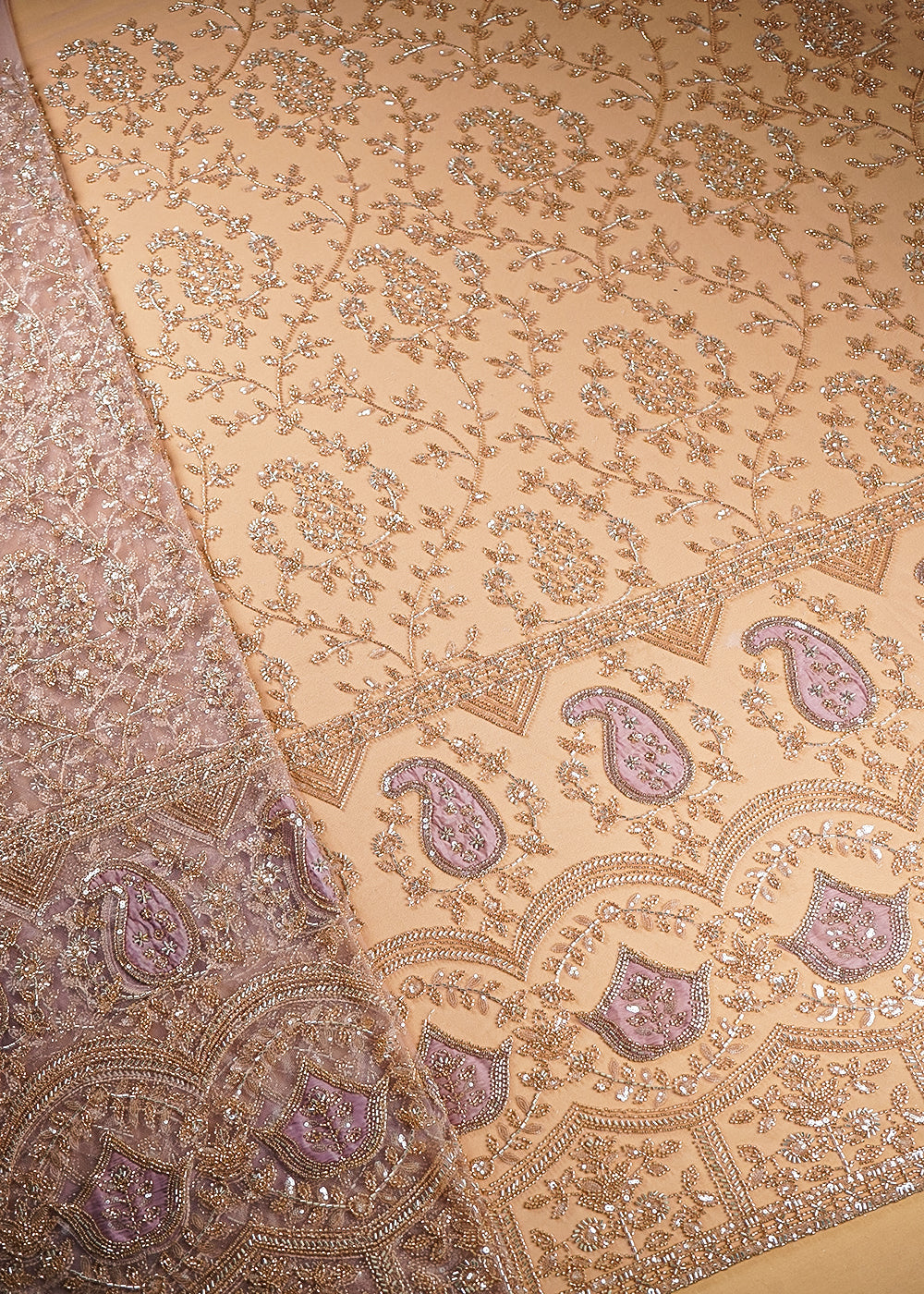 Light Pink Imported Net Fabric With All Over Sequins, Katdana And Bead Work With One Side Patch Work Border 20267