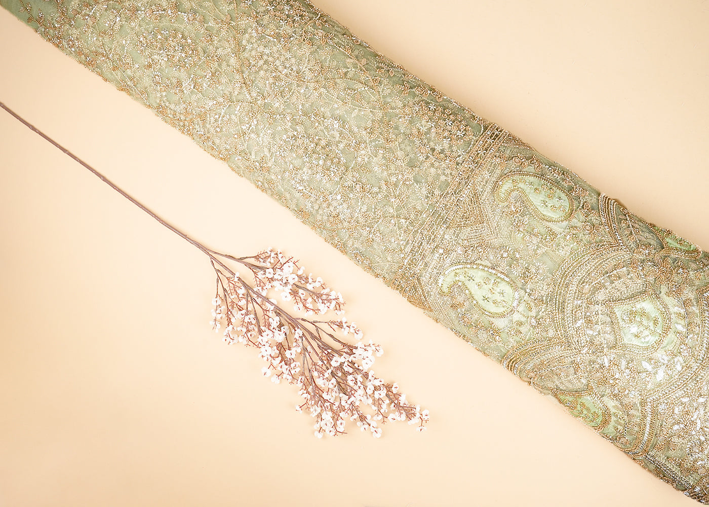 Pista Green Imported Net Fabric With All Over Sequins, Katdana And Bead Work With One Side Patch Work Border 20268