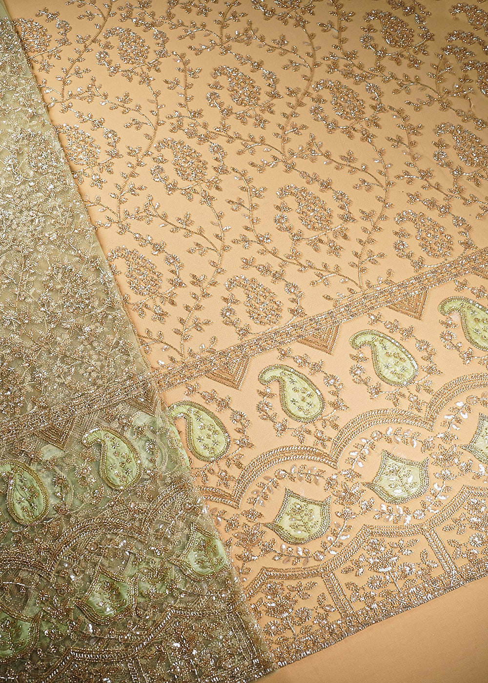 Pista Green Imported Net Fabric With All Over Sequins, Katdana And Bead Work With One Side Patch Work Border 20268