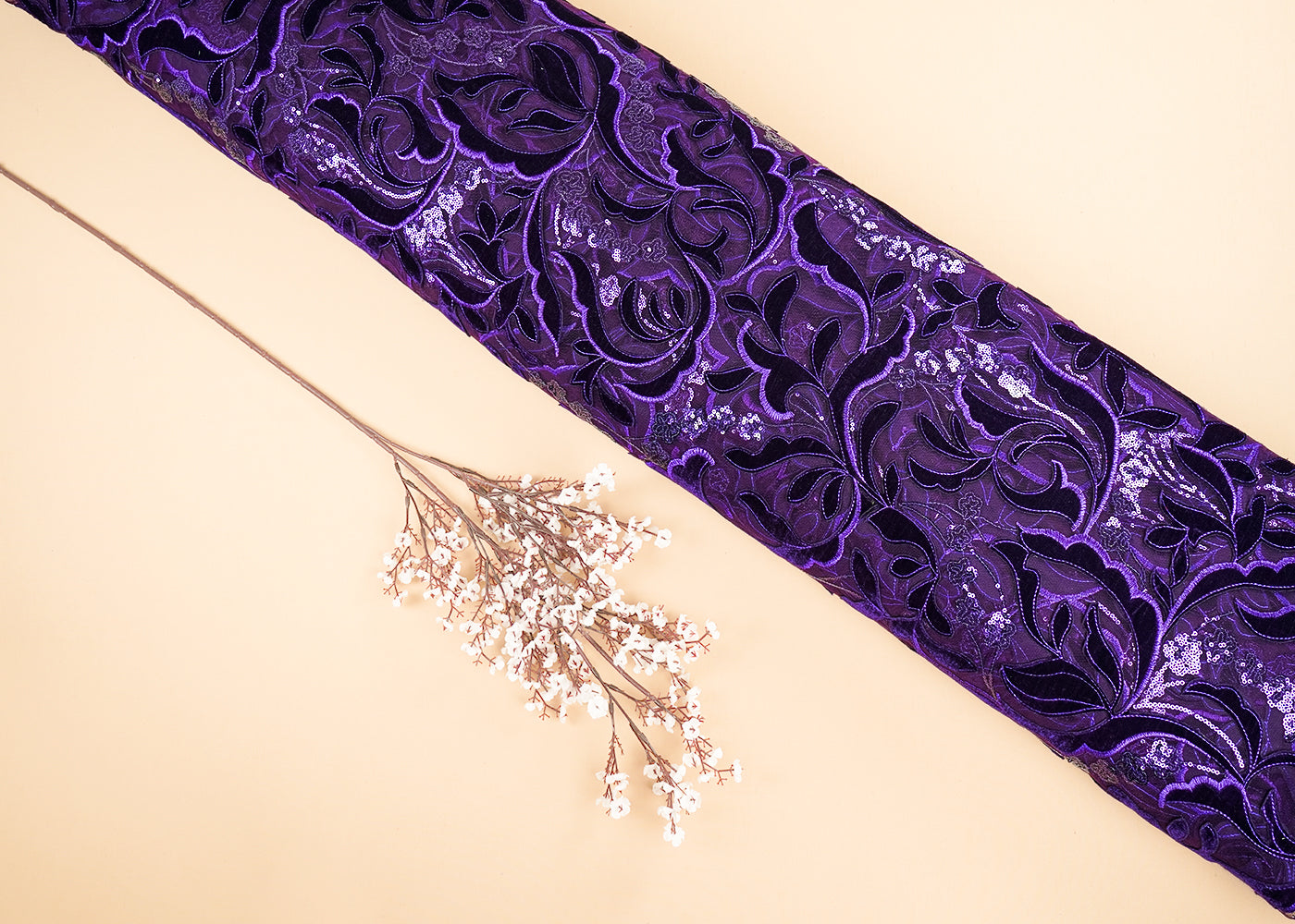 Purple Imported Net Fabric With All Over Velvet Patch Work With Sequins 20275