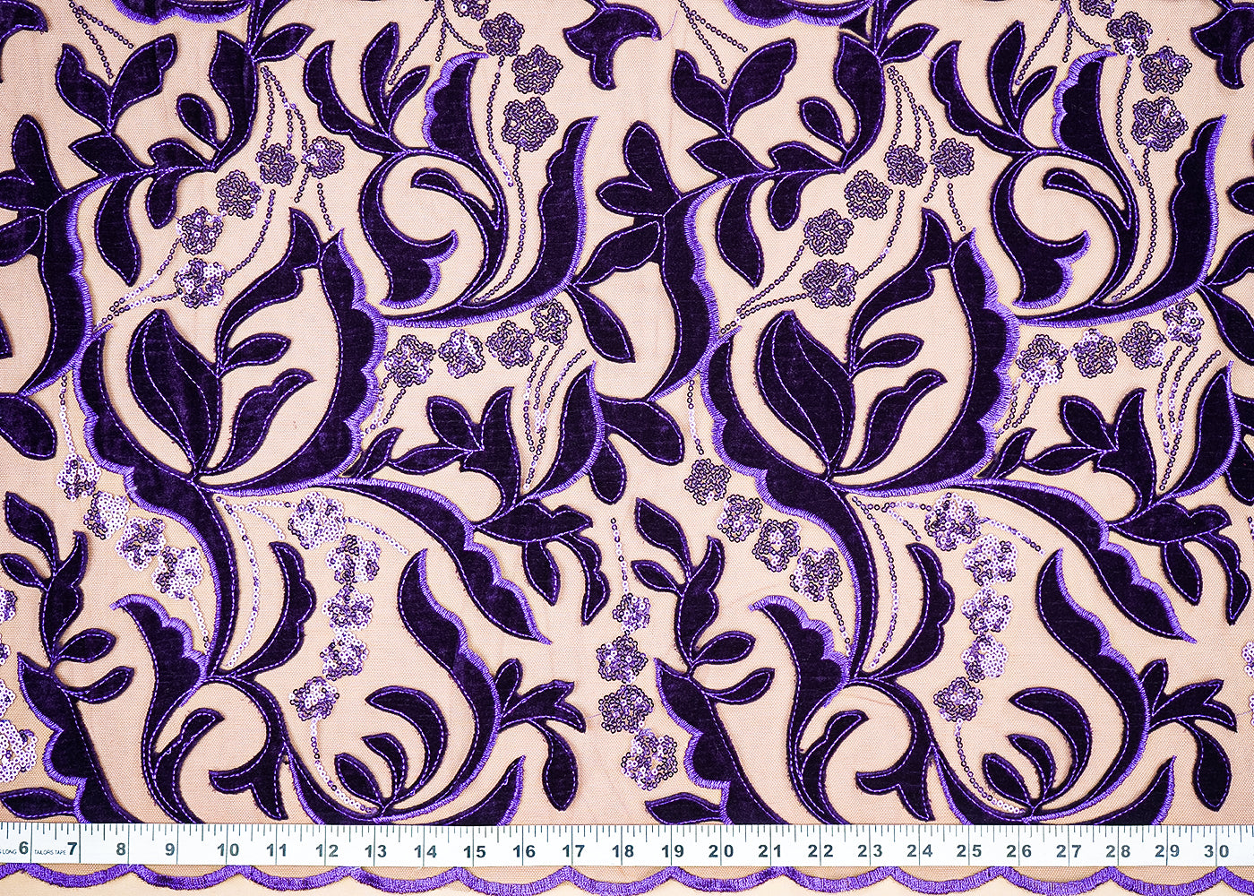 Purple Imported Net Fabric With All Over Velvet Patch Work With Sequins 20275