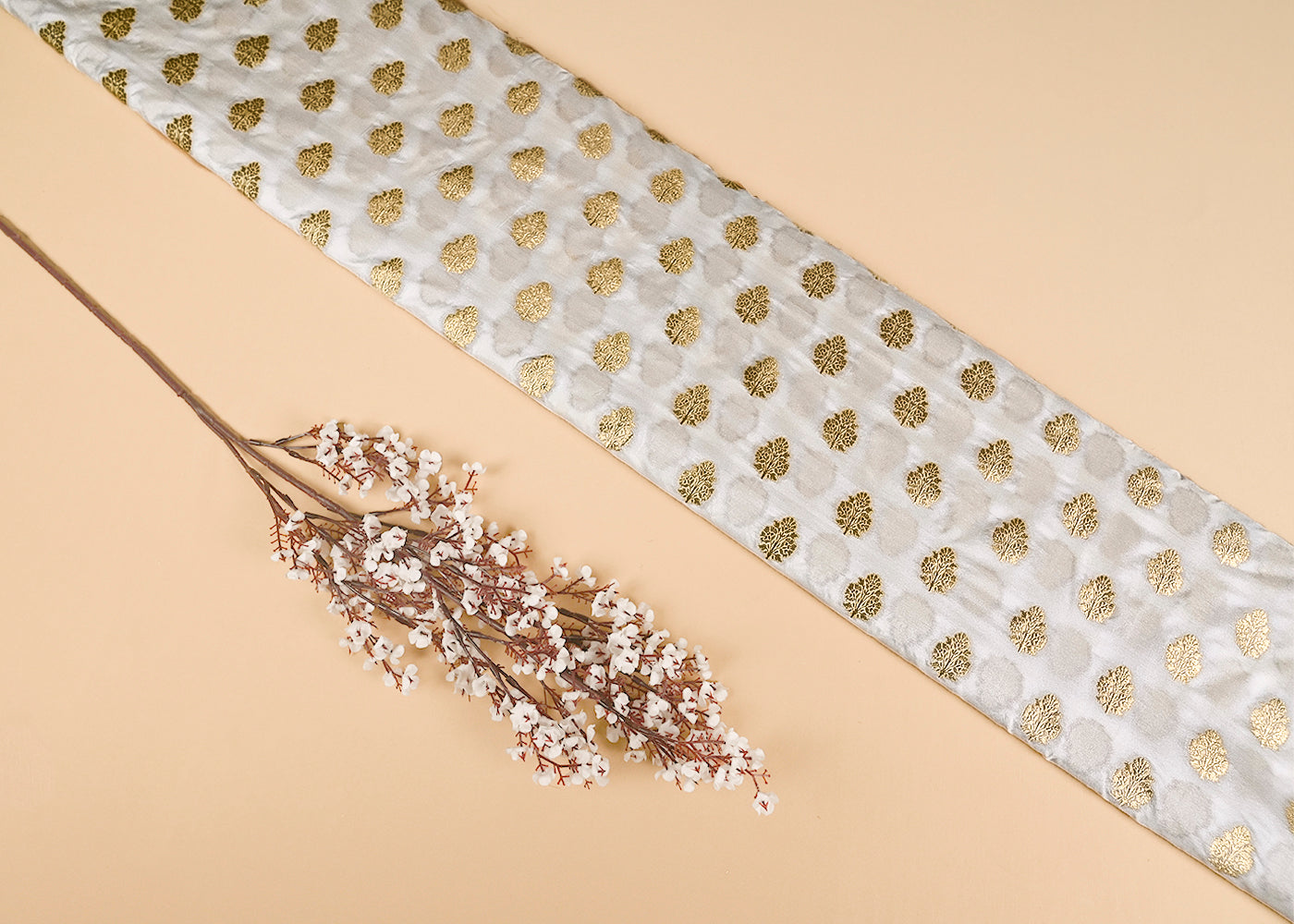 White Silk Fabric With Allover Buti Of Zari Handloom 20283