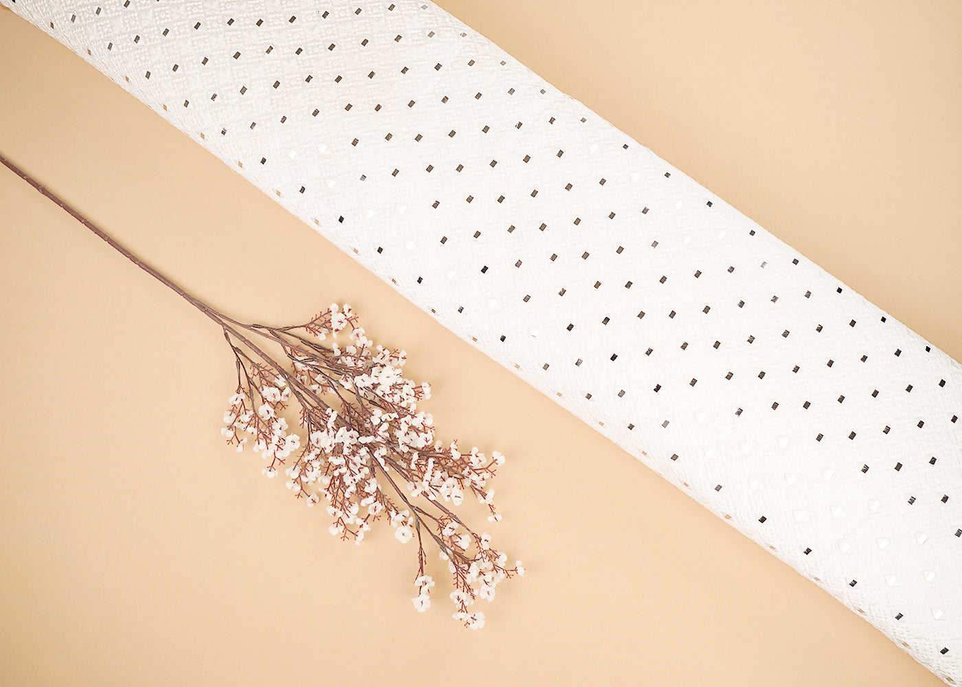 White Dola Silk Fabric With All Over Thread And Faux Mirror Work 20295