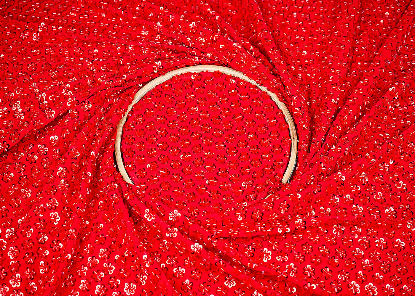 Pooja Hegde Inspired Edition | Red Embroidered Georgette Unstitched Fabric 20296