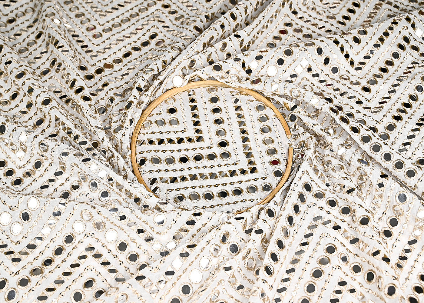 White Georgette Fabric With All Over Faux Mirror, Zari And Sequins Work 20298