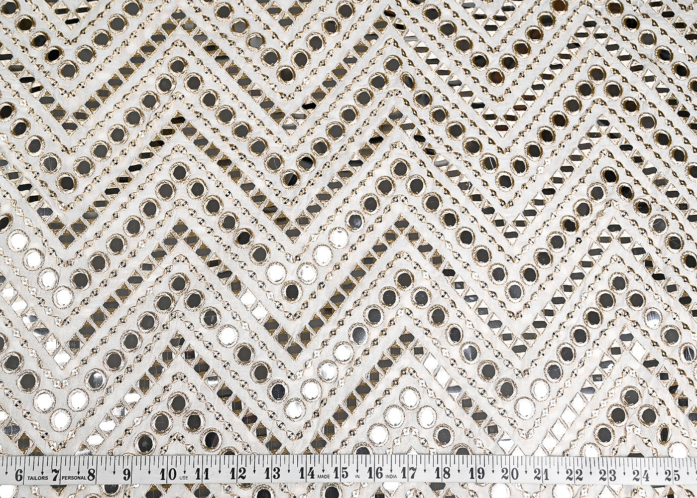 White Georgette Fabric With All Over Faux Mirror, Zari And Sequins Work 20298