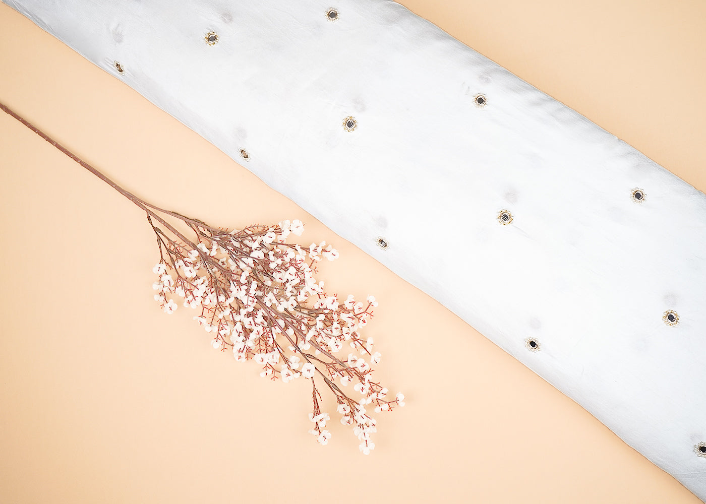 White Dola Silk Fabric With All Over Buti Of Faux Mirror, Bead And Zari 20299