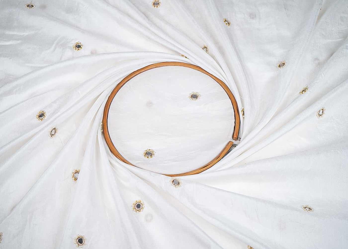 White Dola Silk Fabric With All Over Buti Of Faux Mirror, Bead And Zari 20299