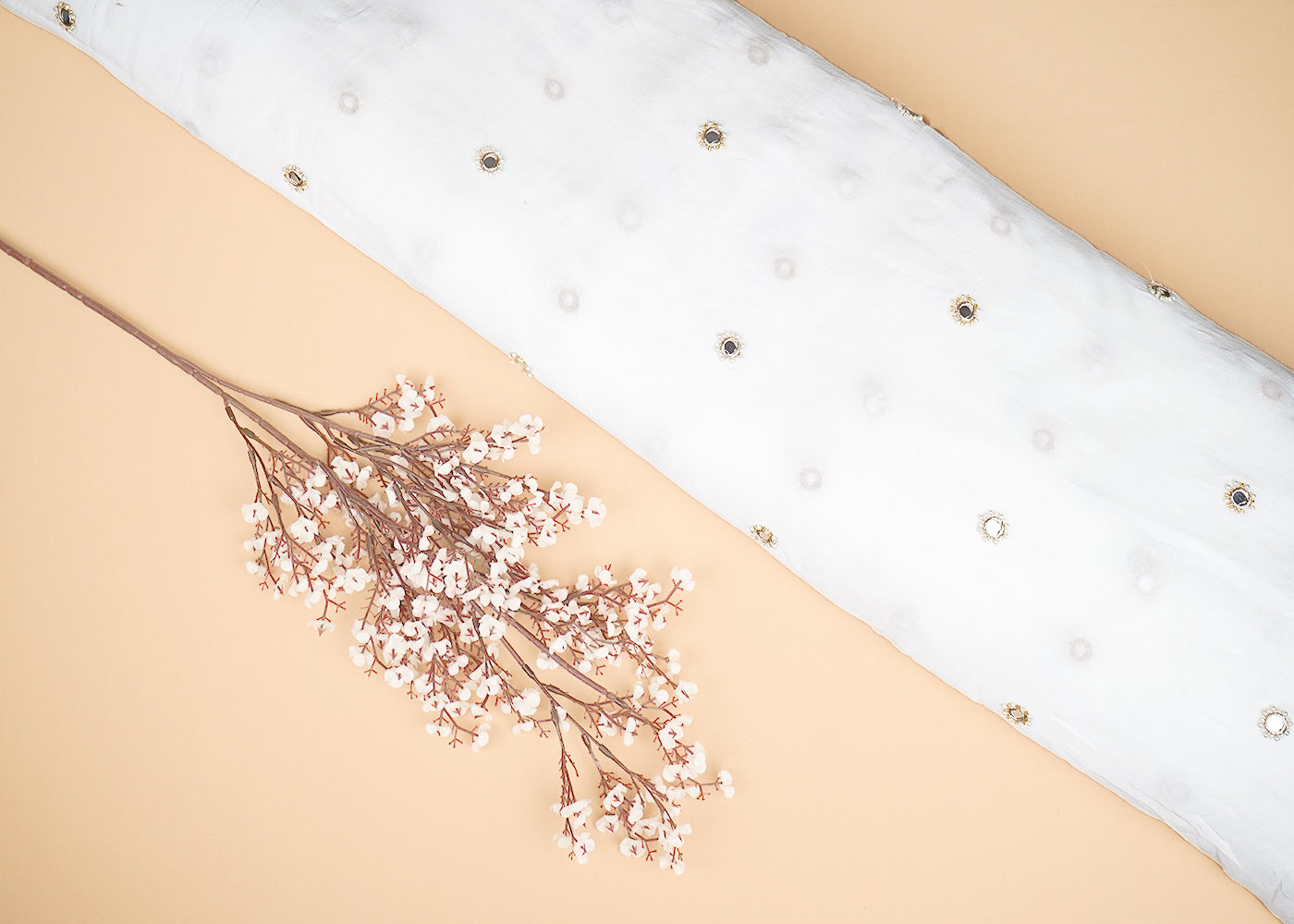 White Georgette Fabric With All Over Buti Of Faux Mirror, Bead And Zari 20300