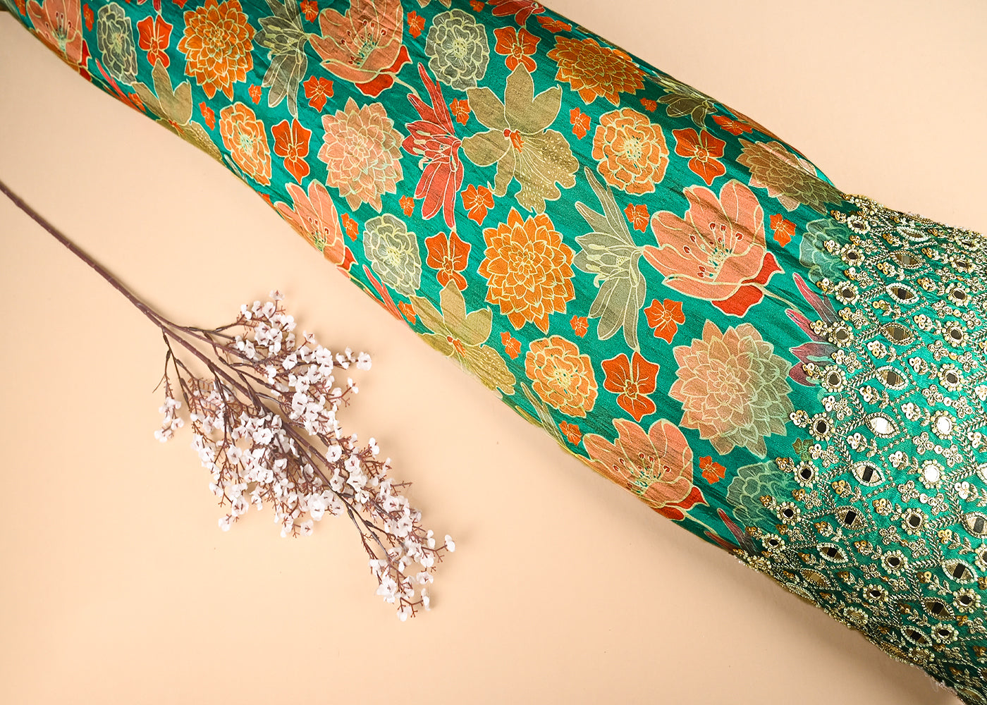 Rama Tissue Fabric With All Over Floral Print And One Side Bead, Sequins, Zari And Faux Mirror Border 20302