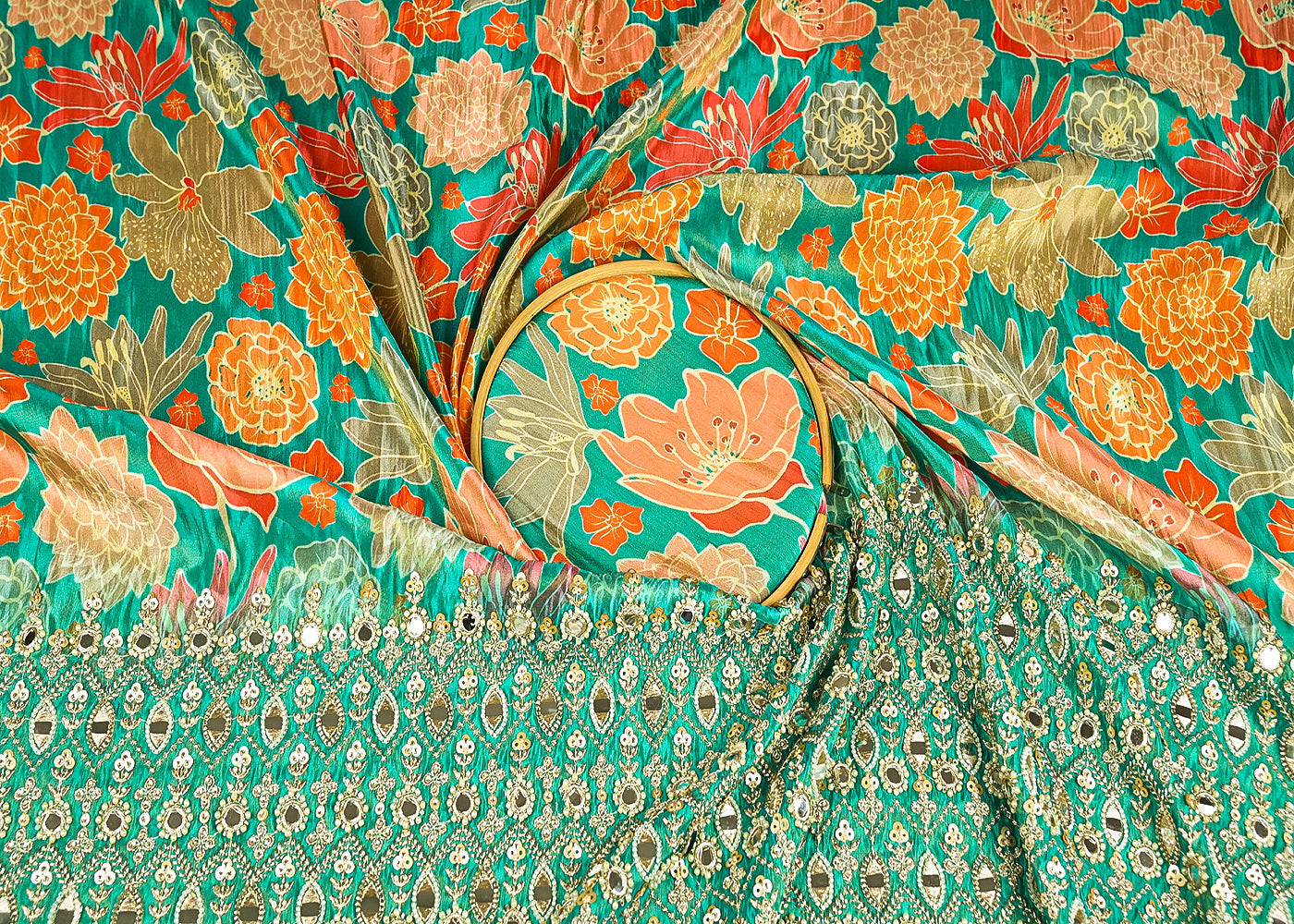 Rama Tissue Fabric With All Over Floral Print And One Side Bead, Sequins, Zari And Faux Mirror Border 20302
