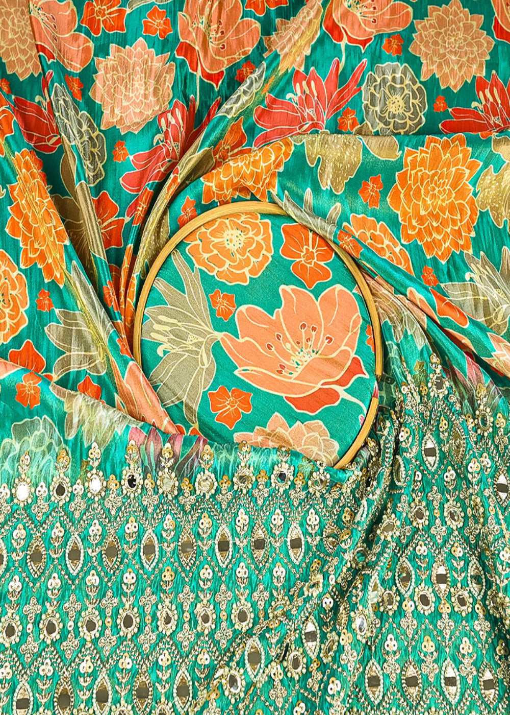 Rama-Green-Tissue-Fabric-With-All-Over-Floral-Print-And-One-Side-Bead,-Sequins,-Zari-And-Faux-Mirror-Border-20302-close-view