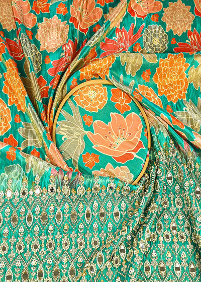 Rama Green Tissue Fabric With All Over Floral Print And One Side Bead, Sequins, Zari And Faux Mirror Border 20302