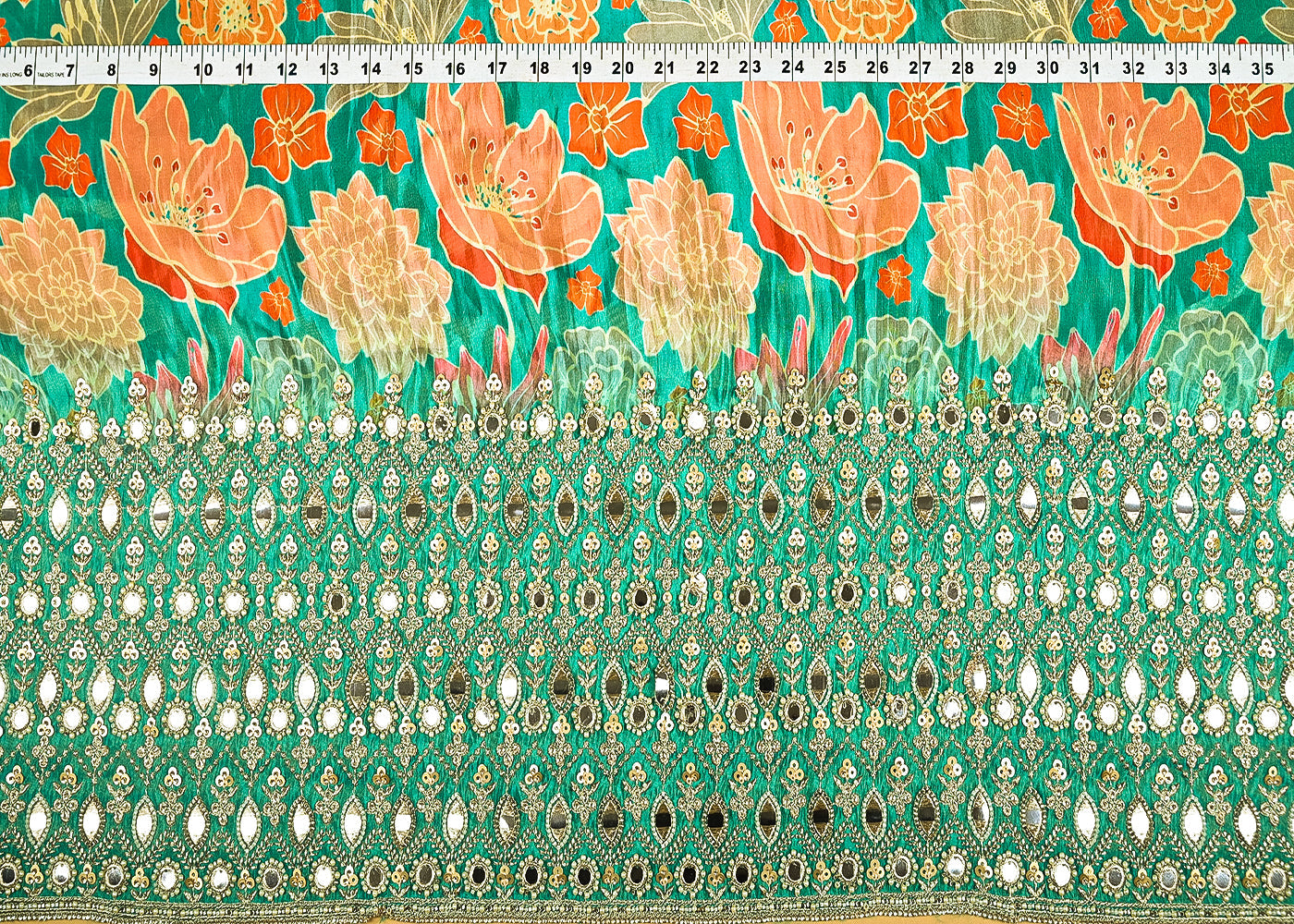 Rama Green Tissue Fabric With All Over Floral Print And One Side Bead, Sequins, Zari And Faux Mirror Border 20302