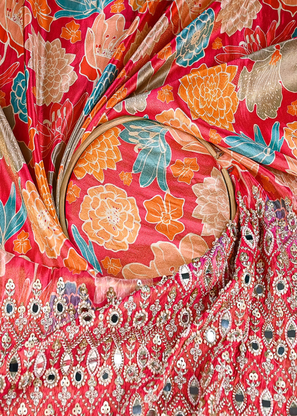 Gajri-Tissue-Fabric-With-All-Over-Floral-Print-And-One-Side-Bead,-Sequins,-Zari-And-Faux-Mirror-Border-20304-close-view