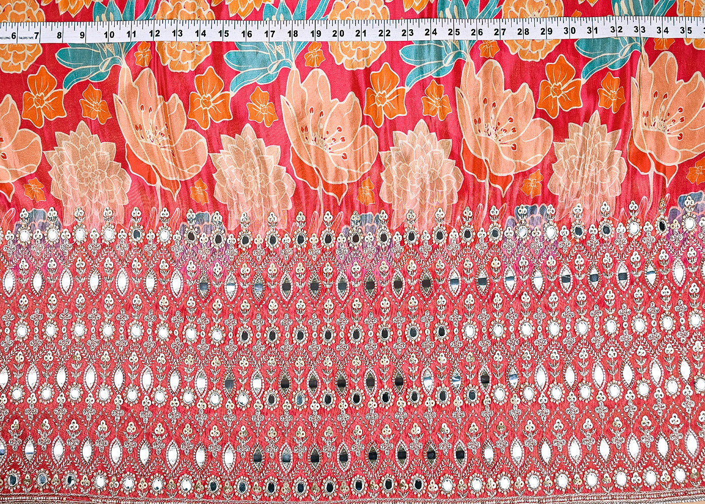 Gajri Tissue Fabric With All Over Floral Print And One Side Bead, Sequins, Zari And Faux Mirror Border 20304