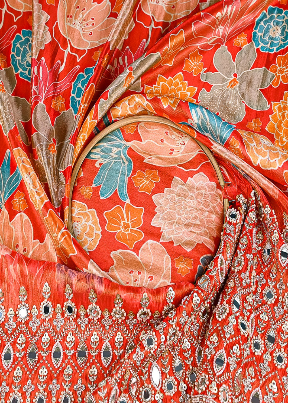 Rust-Tissue-Fabric-With-All-Over-Floral-Print-And-One-Side-Bead,-Sequins,-Zari-And-Faux-Mirror-Border-20305-close-view