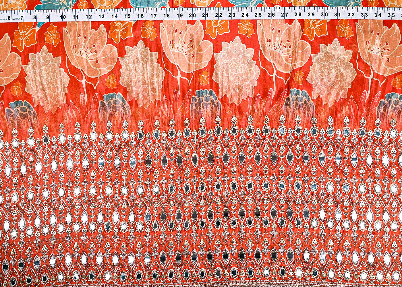 Rust Tissue Fabric With All Over Floral Print And One Side Bead, Sequins, Zari And Faux Mirror Border 20305