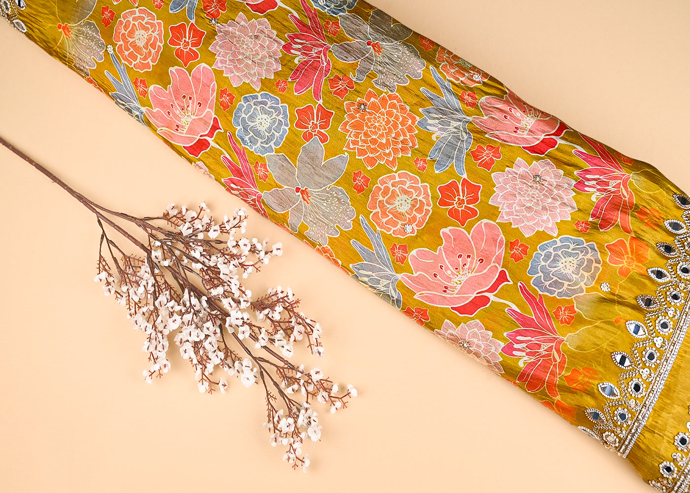 Mustard Tissue Fabric With All Over Floral Print And Two Side Bead, Sequins, Zari And Faux Mirror Border 20306