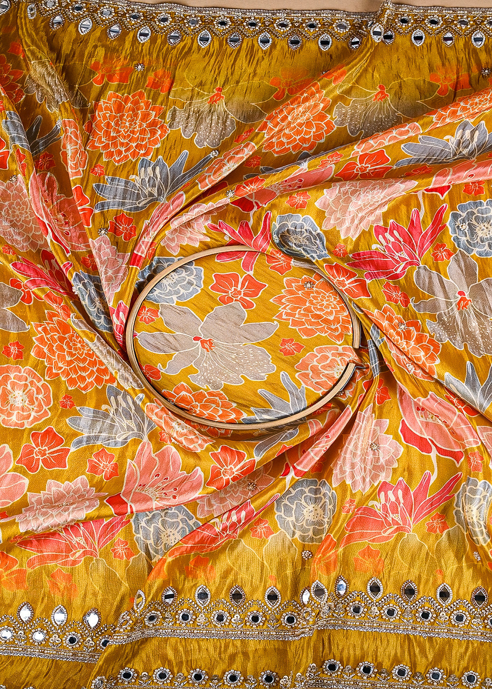 Mustard-Tissue-Fabric-With-All-Over-Floral-Print-And-Two-Side-Bead,-Sequins,-Zari-And-Faux-Mirror-Border-20306-close-view