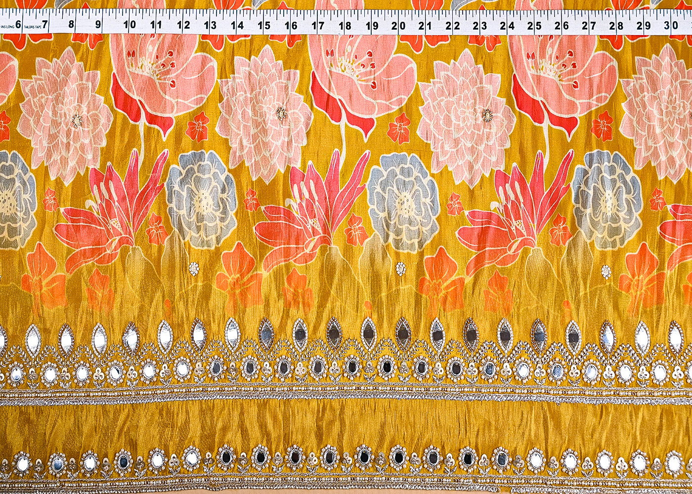 Mustard Tissue Fabric With All Over Floral Print And Two Side Bead, Sequins, Zari And Faux Mirror Border 20306