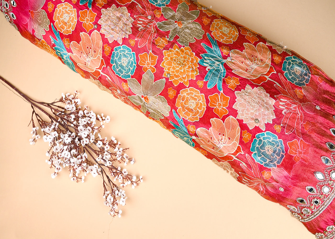 Gajri Tissue Fabric With All Over Floral Print And Two Side Bead, Sequins, Zari And Faux Mirror Border 20307