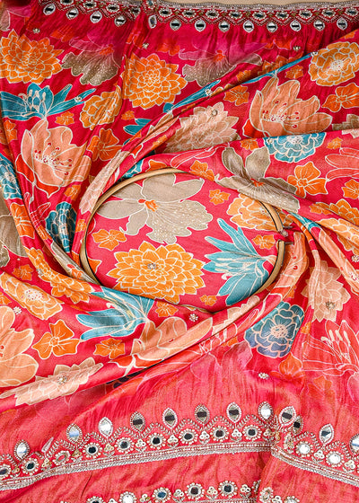 Gajri Tissue Fabric With All Over Floral Print And Two Side Bead, Sequins, Zari And Faux Mirror Border 20307