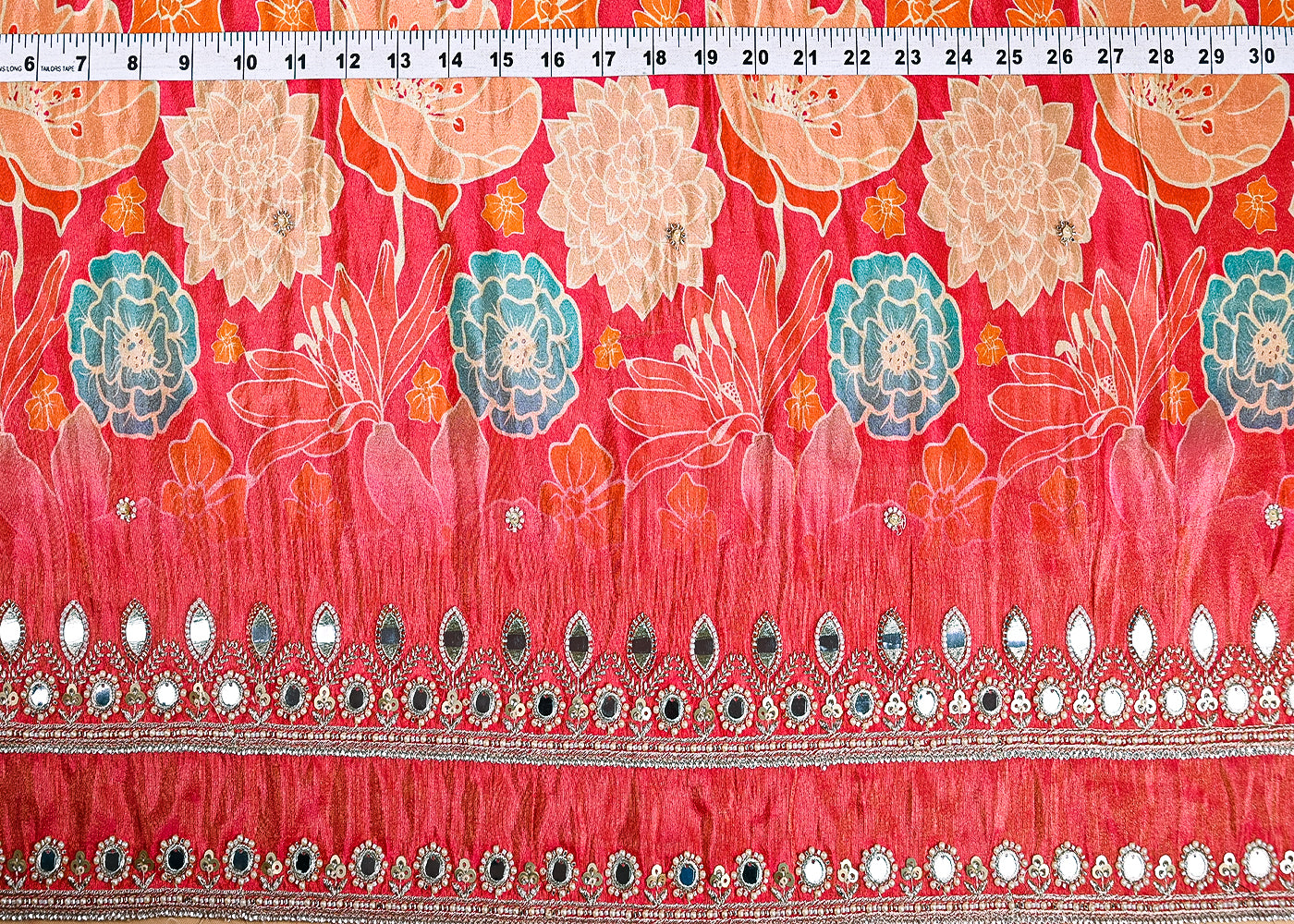 Gajri Tissue Fabric With All Over Floral Print And Two Side Bead, Sequins, Zari And Faux Mirror Border 20307