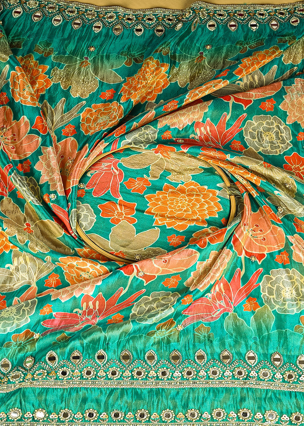 Rama-Green-Tissue-Fabric-With-All-Over-Floral-Print-And-Two-Side-Bead,-Sequins,-Zari-And-Faux-Mirror-Border-20309-close-view