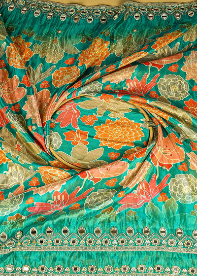 Rama Green Tissue Fabric With All Over Floral Print And Two Side Bead, Sequins, Zari And Faux Mirror Border 20309