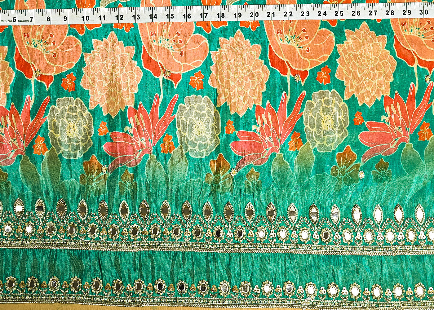 Rama Tissue Fabric With All Over Floral Print And Two Side Bead, Sequins, Zari And Faux Mirror Border 20309