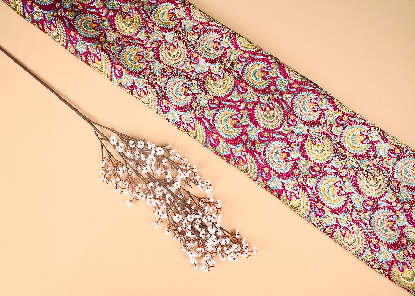 Rani Pink Upada Silk Fabric With Traditional Print With Golden Zari Work 20312