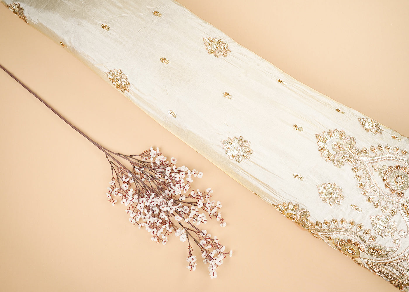 Golden Tissue Fabric With All Over Zari Sequins And Faux Mirror Work 20323