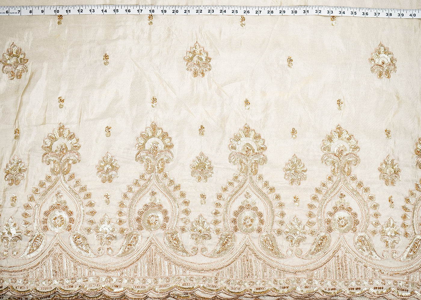 Golden Tissue Fabric With All Over Zari Sequins And Faux Mirror Work 20323