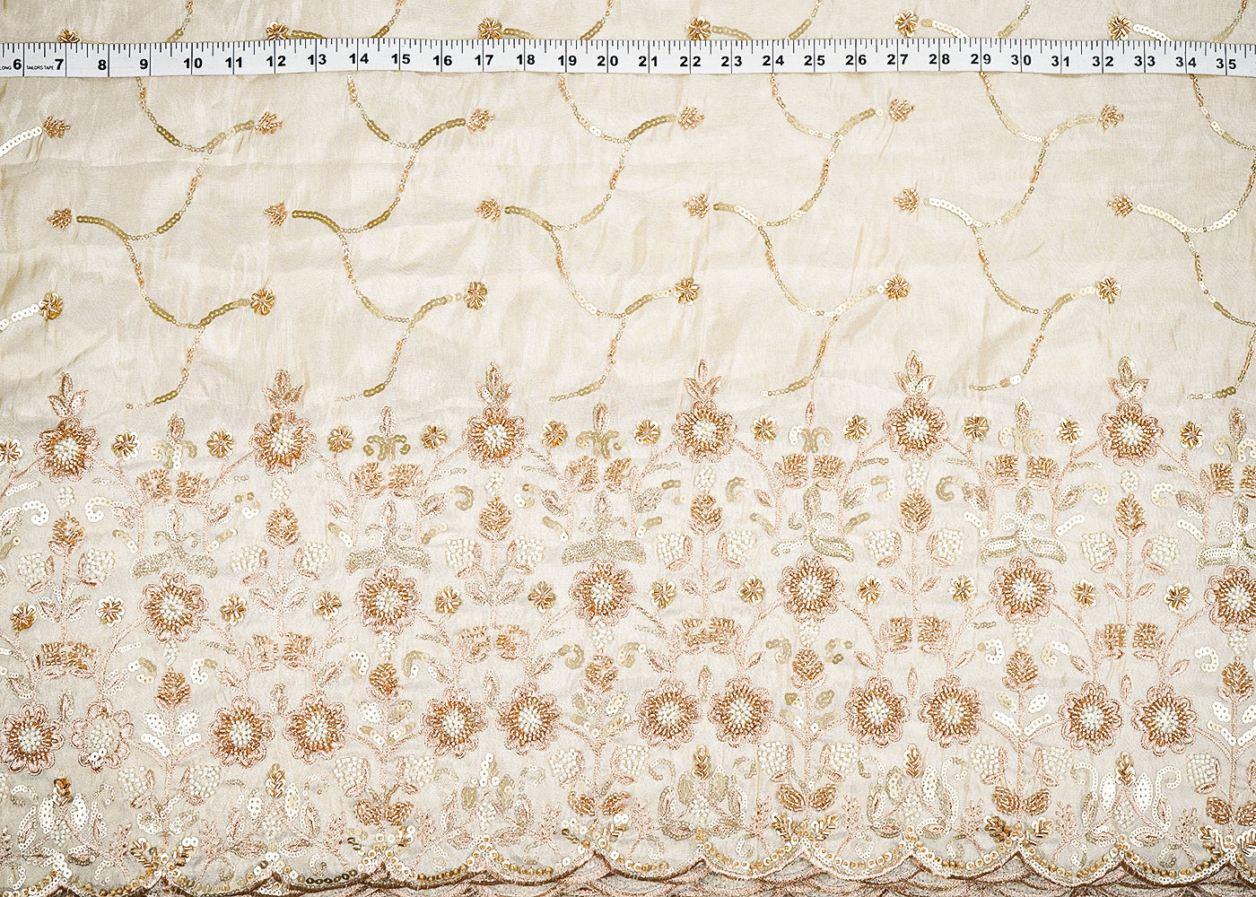 Golden Tissue Fabric With All Over Katdana Sequins And Bead Work With One Side Border 20324