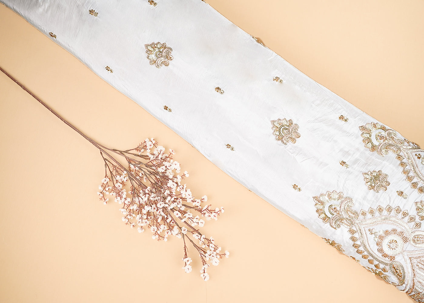 White Crepe Fabric With All Over Katdana, Sequins And Zari Work With One Side Border 20325